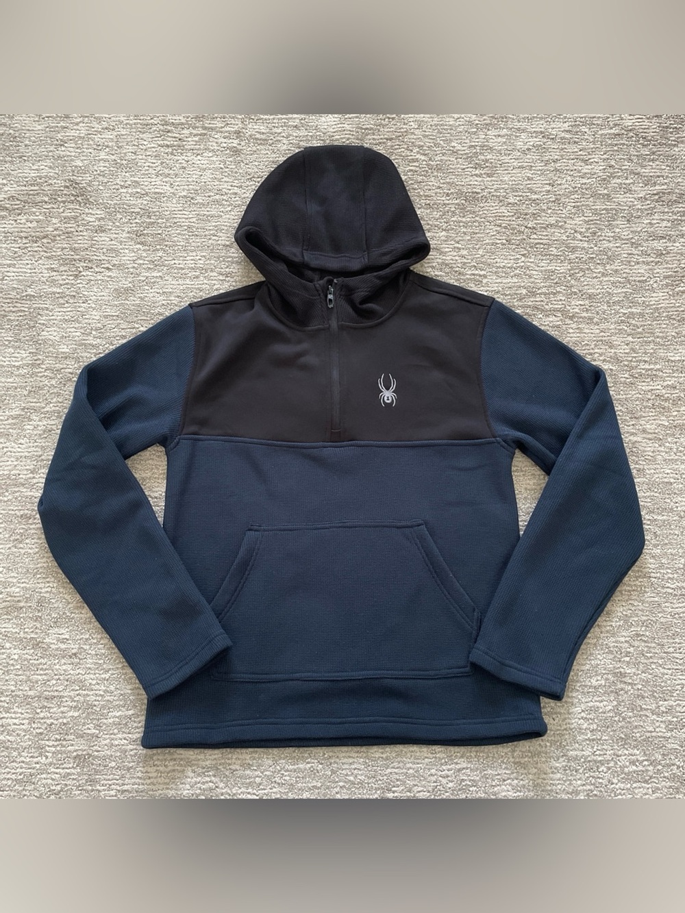 Spyder Waffle Knit 1/4 Zip Pullover Hoodie Blue Black Pocket Mens Small Fleece
